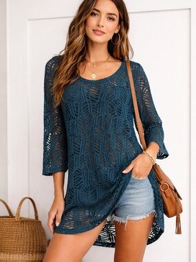 Ariat Teal Crochet Knit Tunic Top